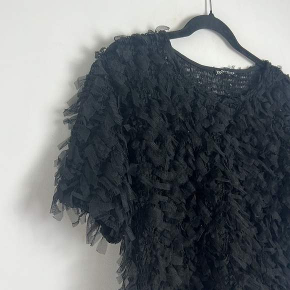 ZARA Women's Black Fringe Textured Short Sleeve Cropped Blouse Top Size L - Picture 8 of 12